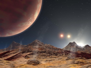 Взгляд художника на пейзаж HD 188753 Ab, планеты тройной системы звезд (wikipedia.org)