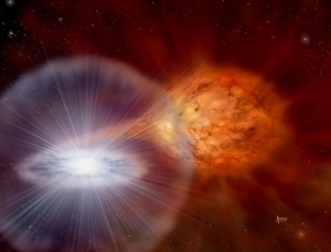 Рисунок двойной системы и взрыва (sciencedaily.com) Рисунок двойной системы и взрыва (sciencedaily.com)