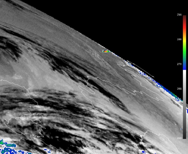 Температура в месте взрыва метеора на снимке аппарата Метеосат-9 (space.com)