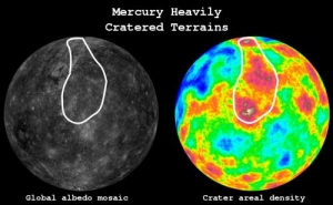 Альбедо и плотность кратеров Меркурия, белым обведена наиболее пострадавшая в бомбардировке область (phys.org)