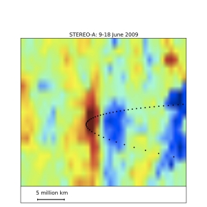 Точками обозначена орбита Венеры, синие области плотнее желтых (space.com)
