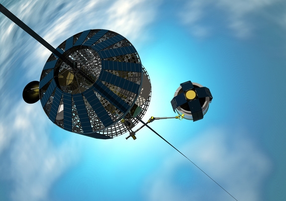 Рисунок поднимающегося на лифте груза (space.com) Рисунок поднимающегося на лифте груза (space.com)