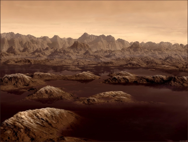 Взгляд художника на этановые озера, которые должны существовать на Титане (space.com)
