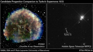 Остатки сверхновой SN 1572, наблюдавшейся Тихо Браге. Справа - компаньон взорвавшегося белого карлика (wikipedia.org)